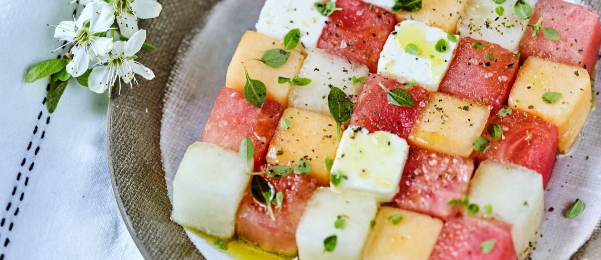 Watermelon, Melon, Cucumber & Feta Mikado Salad